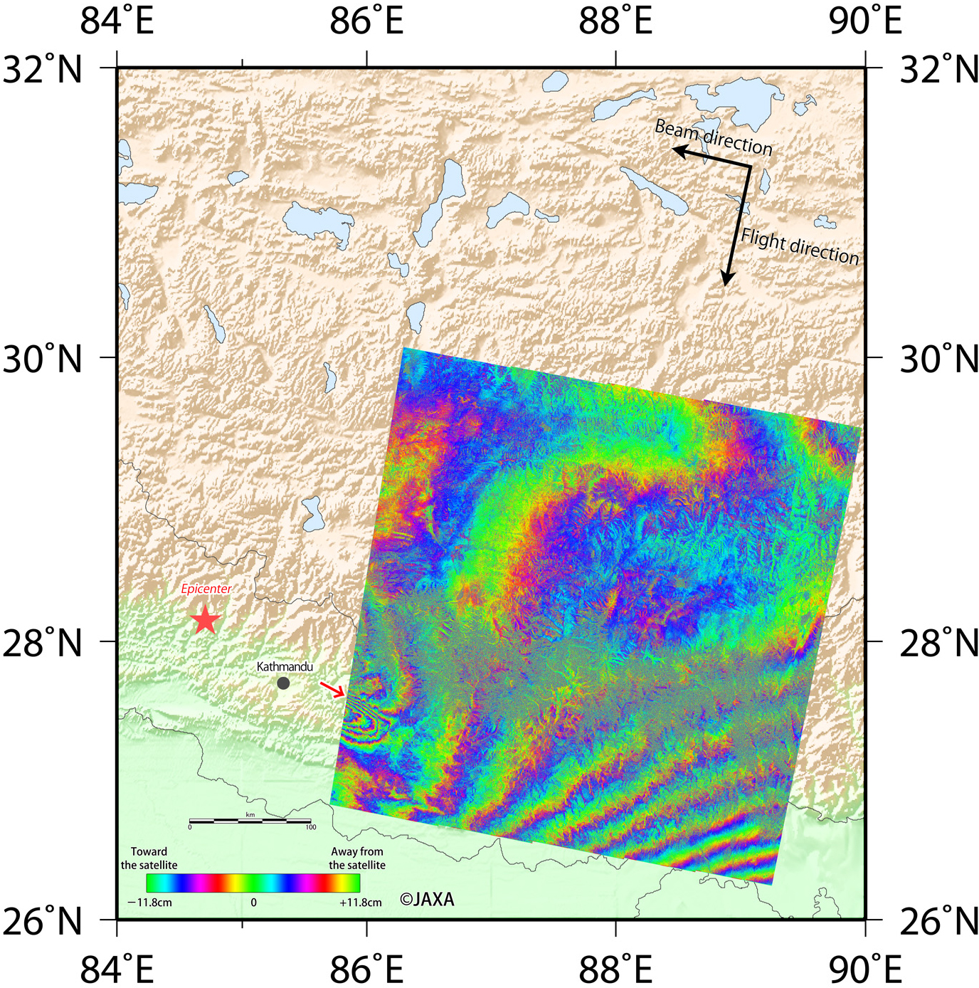 Fig.1: Interferometric analysis result from the PALSAR-2 data acquired between pre- (Mar. 31) and post- (Apr. 28) seismic.