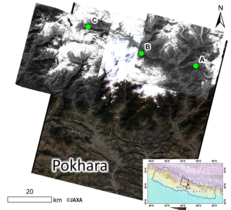 Fig. 1: Three places where large amount of material fell to the river, overlaid on the used ALOS PRISM images. The background image is an ALOS AVNIR-2 image taken on March 10, 2011.