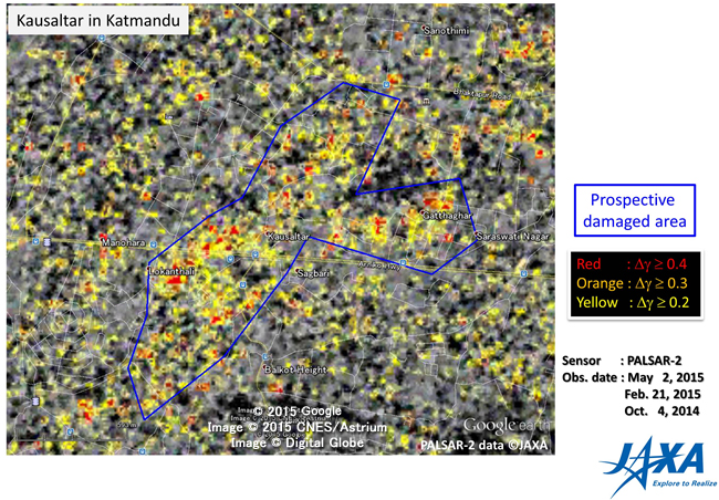 Fig.4: Prospective damaged building and road areas obtained by difference of coherence analysis for Fig. 2 (2) area.