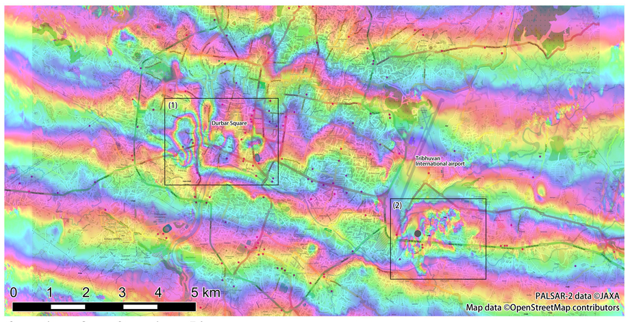 Fig.2: PALSAR-2 interferogram around Kathmandu. Local displacements are found in the box (1) and (2). 
