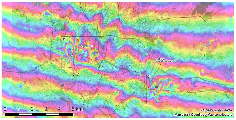 Fig.2: PALSAR-2 interferogram around Kathmandu. Local displacements are found in the box (1) and (2). 
