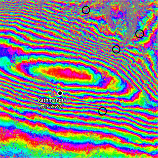 Interferogram obtained by the analysis of the ALOS-2 PALSAR-2 data acquired before (Feb. 21) and after (May 2) the quake