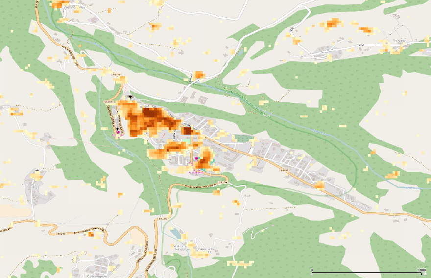 Fig.3: Damage proxy map of Amatrice generated by the interferometric coherence change analysis.