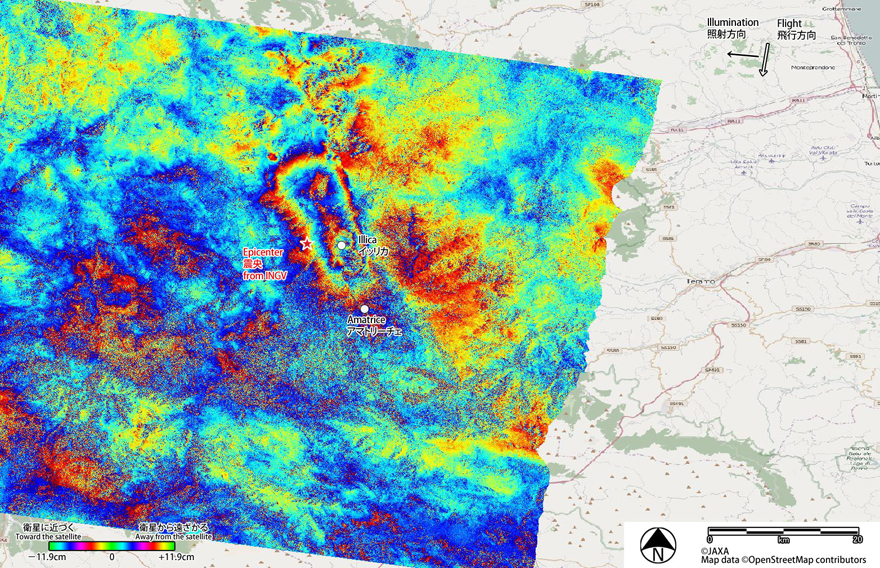 Fig.5: Differential interferometry (DInSAR) result using the ALOS-2 PALSAR-2 data acquired before (September 9, 2015; UTC) and after (August 24, 2016; UTC) the earthquake.