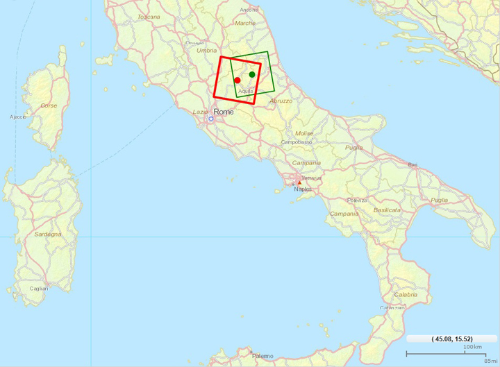 Fig.1: Area of the emergency observation on August 24, 2016 at 1:36 (UTC), Green: observed on Aug. 24, Red: observed on Aug.31