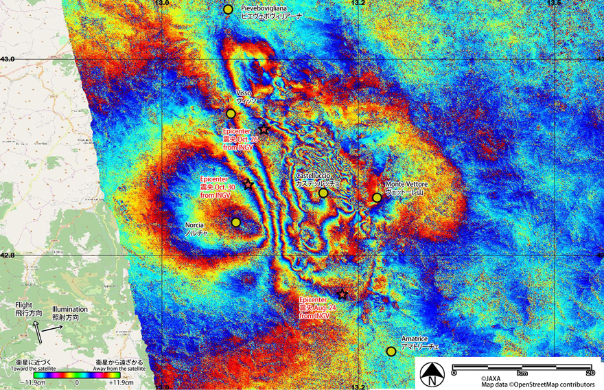 Fig. 9: DInSAR result using the ALOS-2 PALSAR-2 data acquired before (August 24, 2016; UTC) and after (November 2, 2016; UTC) the earthquakes on October 26 and 30.