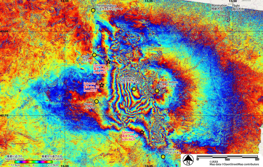 Fig. 12: DInSAR result using the ALOS-2 PALSAR-2 data acquired before (May 25, 2015; UTC) and after (November 9, 2016; UTC) the three earthquakes.