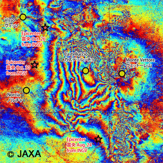 This image is DInSAR result using the ALOS-2 PALSAR-2 data acquired before (May 25, 2015; UTC) and after (November 9, 2016; UTC) the three earthquakes.