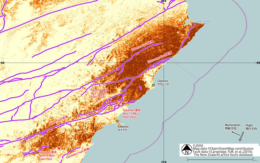 Fig.4: Damage proxy map of large deformation area generated by comparing the interferometric coherence values before (Jul. 26, 2016 and Oct. 18, 2016) and after (Nov. 15, 2016) the earthquake.