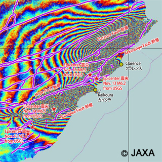 Differential interferometry (DInSAR) result using the ALOS-2 PALSAR-2 data acquired before (October 18, 2015; UTC) and after (November 15, 2016; UTC) the earthquake.