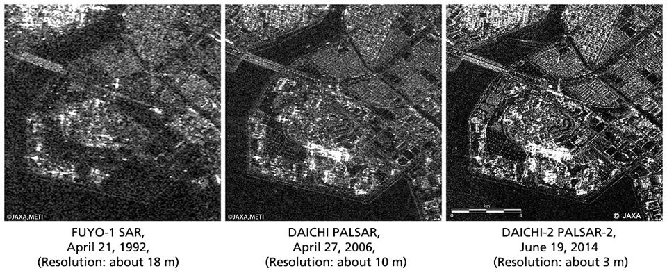 Image 2: Comparison of images taken by PALSAR-2 and other previous satellites (Urayasu City, Tokyo Disney Land Area), Left: FUYO (JERS-1) SAR, Apr. 21, 1992 (Resolution: about 18m), Center: DAICHI PALSAR, Apr. 27, 2006 (Resolution: about 10m), Right: DAICHI-2, PALSAR-2, Jun. 19, 2014 (Resolution: about 3m)