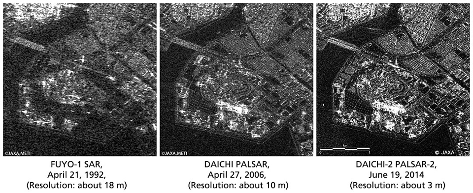 Image 2: Comparison of images taken by PALSAR-2 and other previous satellites (Urayasu City, Tokyo Disney Land Area), Left: FUYO (JERS-1) SAR, Apr. 21, 1992 (Resolution: about 18m), Center: DAICHI PALSAR, Apr. 27, 2006 (Resolution: about 10m), Right: DAICHI-2, PALSAR-2, Jun. 19, 2014 (Resolution: about 3m)