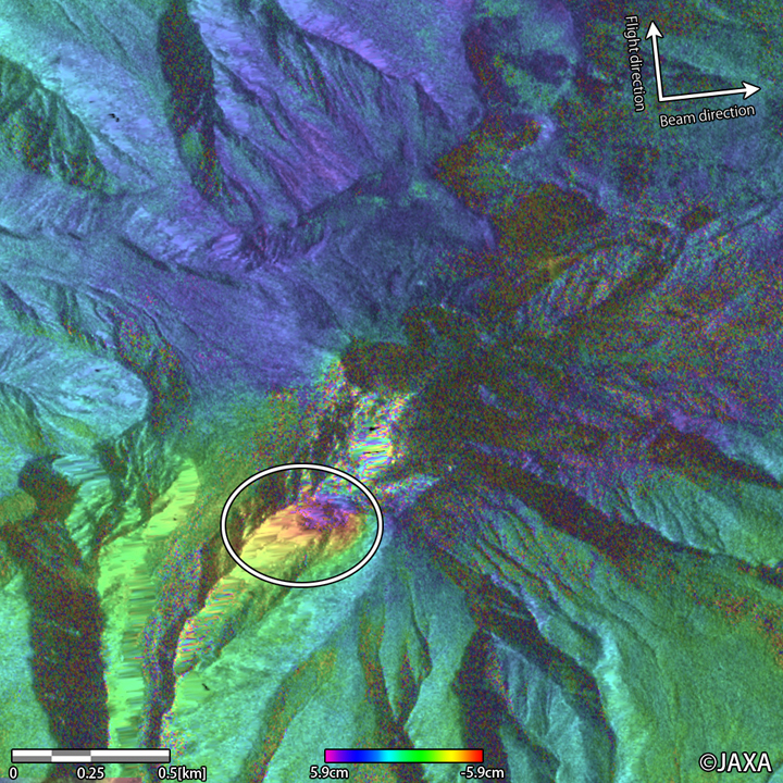 Fig. 5: Close-up image of the DInSAR result around the volcanic crater at Mt. Ontake.