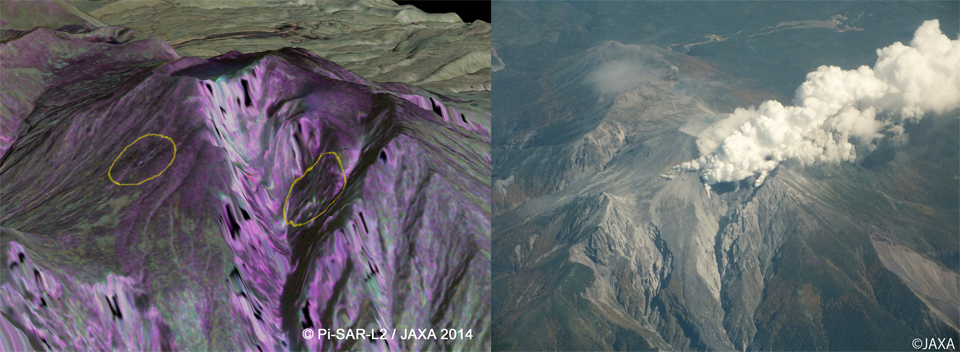 Fig. 7: Bird's-eye view of the Pi-SAR-L2 image (left) and aerial photo from same direction (right) of Mt. Ontake.