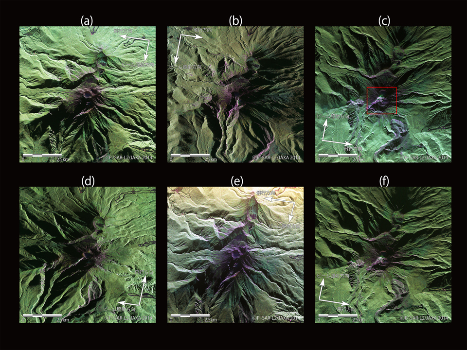 Fig. 8: Pi-SAR-L2 images of Mt. Ontake from multiple direction. Symbol (a)-(f) correspond to the symbol in Table 2.