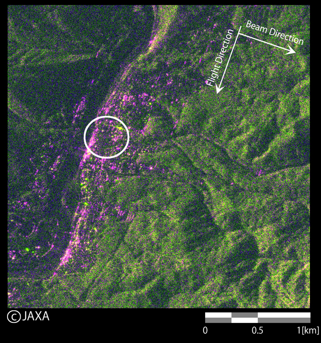 図2: 「だいち2号」搭載PALSAR-2観測画像による長野県南木曽町付近の災害後のカラー合成画像 (赤: HH, 緑: HV, 青: HH/HV)