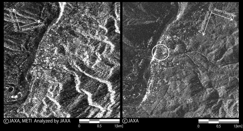 図4: 「だいち」搭載のPALSAR（左）および「だいち2号」搭載PALSAR-2（右）で観測した長野県南木曽町付近約3km四方の画像（左:災害前、2010年8月12日観測、右:災害後、2014年7月11日観測）
