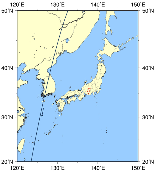 図1:「だいち2号」搭載PALSAR-2による2014年7月11日12時52分頃の観測領域の位置