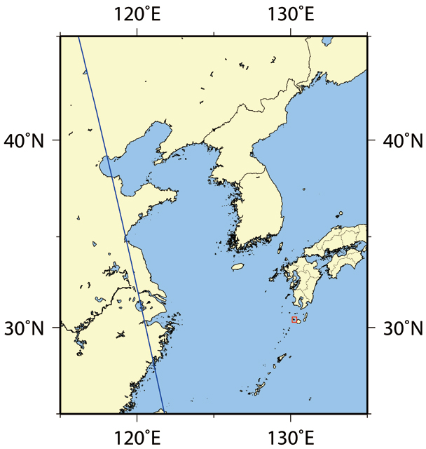 Figure 1: Observation area of PALSAR-2 (Red frame) and the orbit of ALOS-2 (Blue line)