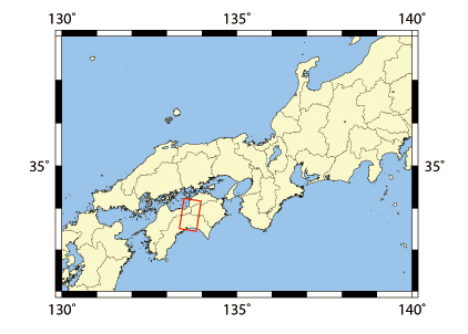 図1:「だいち2号」搭載PALSAR-2による2014年8月10日11時57分頃の観測範囲 (赤枠)