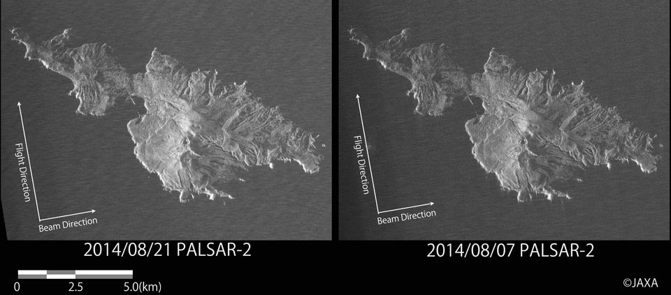 図2: 「だいち2号」搭載PALSAR-2で観測した火山噴火後の口永良部島の画像、(左：2014年8月21日観測、右：2014年8月7日観測）