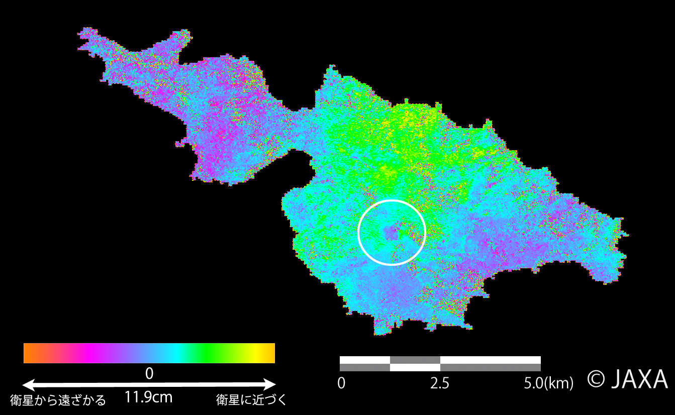 Fig.3: Deformation plot of Kuchinoerabu-jima island generated from DInSAR process with images observed in Aug. 7 and 21, 2014