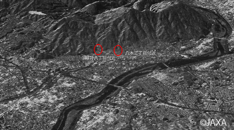 図4: 「だいち2号」搭載PALSAR-2による2014年8月22日12時52分頃の観測データと「だいち」(ALOS)搭載のPRISMを使って作成した標高データを重ね合わせて作成した広島市安佐南区付近の鳥瞰図