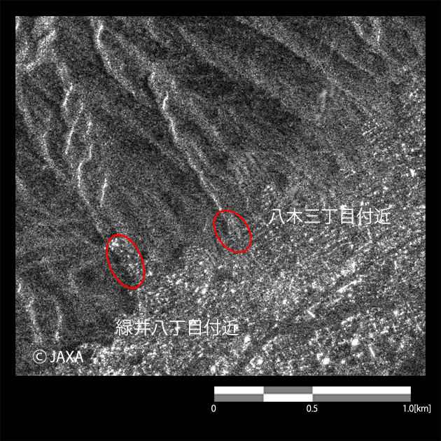 図3: 「だいち2号」搭載PALSAR-2観測による2014年8月22日12時52分頃の広島市安佐南区八木付近の拡大図
