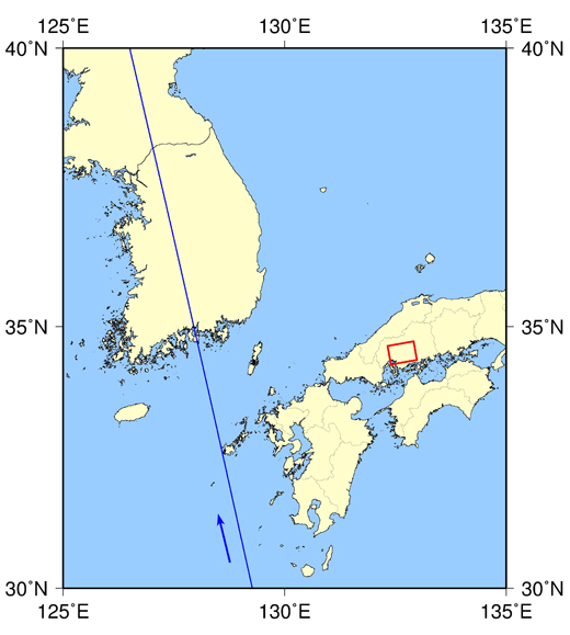 図1:「だいち2号」搭載PALSAR-2による2014年8月24日0時00分頃の観測範囲 (赤枠、広島県広島市) と「だいち2号」の軌道 (青線) 