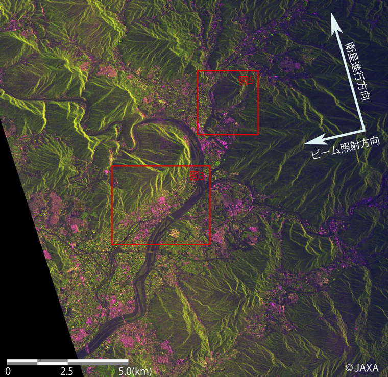 図2: 「だいち2号」搭載PALSAR-2の2偏波観測データによる広島市土砂災害発生地域のカラー合成図（赤：HH、青：HV、緑：HH/HV）