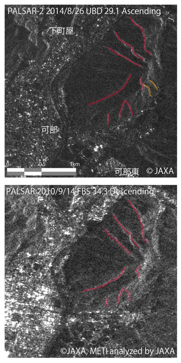 図6:図5の地形のリニアメント抽出図 (PALSAR-2: 上、PALSAR: 下)。PALSAR-2により新たに抽出された構造を橙色で示す