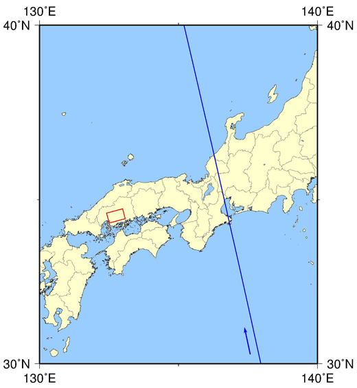 図1:「だいち2号」搭載PALSAR-2による2014年8月26日23時30分頃の観測範囲 (赤枠、広島県広島市) と「だいち2号」の軌道 (青線) 
