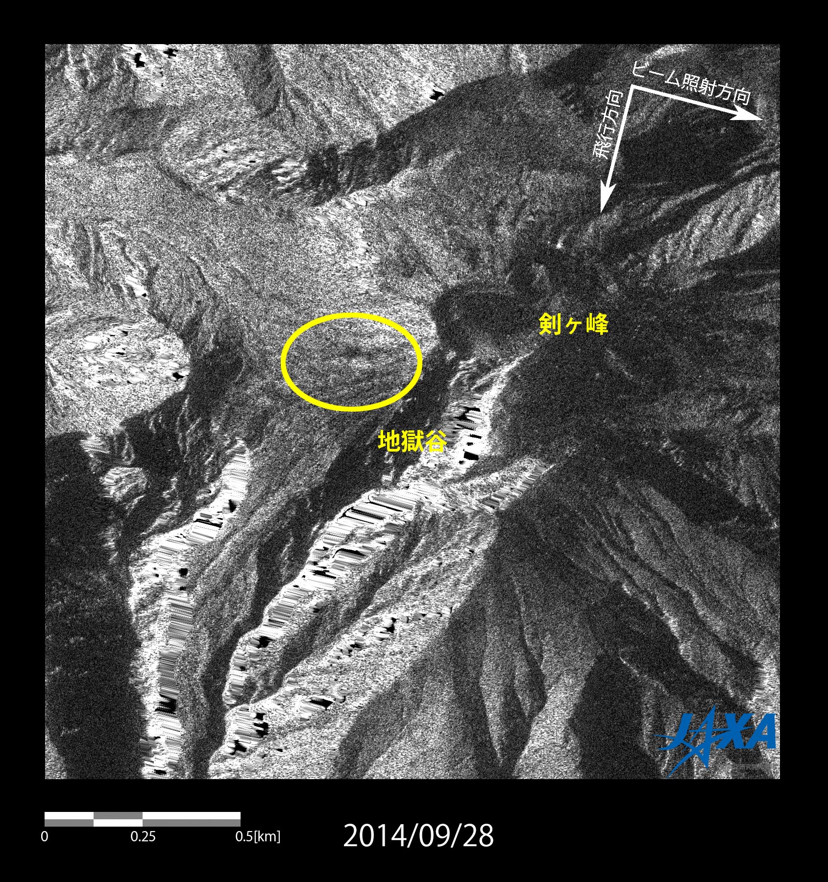 図3 (左) :「だいち2号」搭載のPALSAR-2で観測した御嶽山山頂付近の噴火後の観測画像（2014年9月28日)