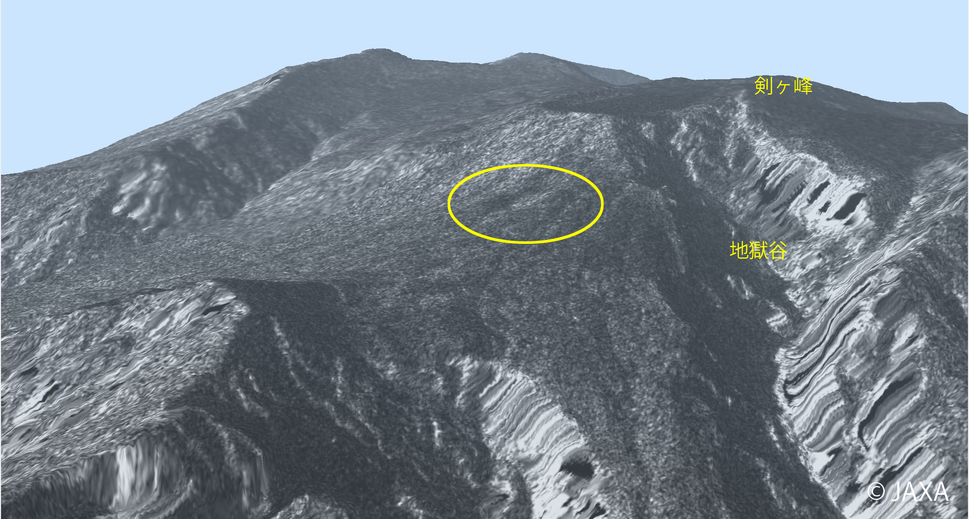 図4(下):「だいち2号」搭載のPALSAR-2による噴火後の御嶽山山頂付近の鳥瞰図 (2014年9月28日観測)