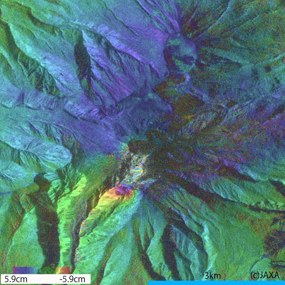 図2: 図1の差分干渉処理結果とPALSAR-2画像を重ね合わせ表示したもの