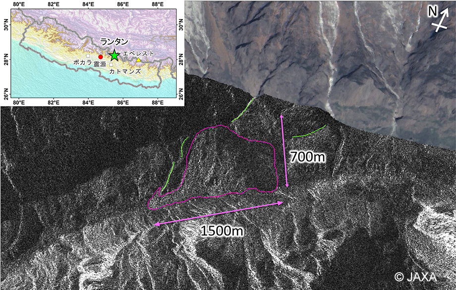 図1:地震発生後のPALSAR-2画像（2015/4/26，背景は「だいち」画像）