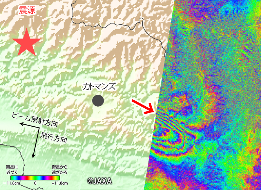 図2: 「だいち2号」搭載PALSAR-2の観測データによる（差分）干渉画像の拡大図