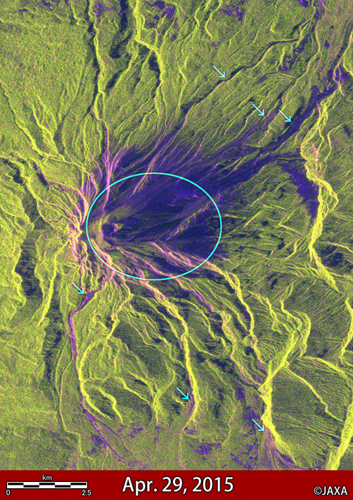 カルブコ火山周辺のPALSAR-2観測画像 (2015年4月29日, 噴火後).