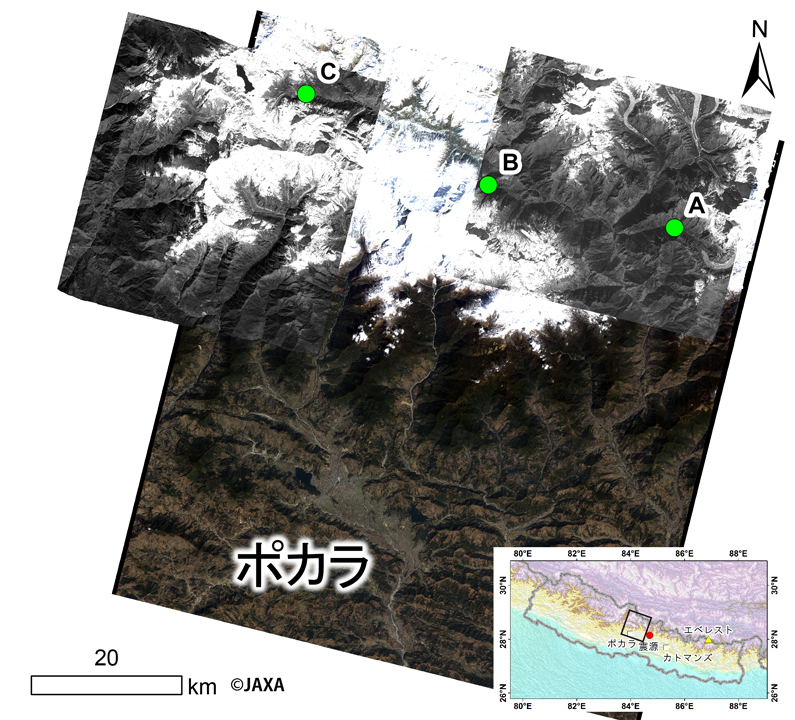 図1: 河川への崩落が確認された３地点と使用した「だいち」PRISM画像。背景は2011年3月10日に撮像された「だいち」AVNIR-2画像。