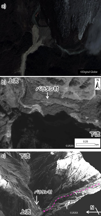 図3: 地点Bで確認された河川への崩落の様子。破線は崩落の向きを示す。