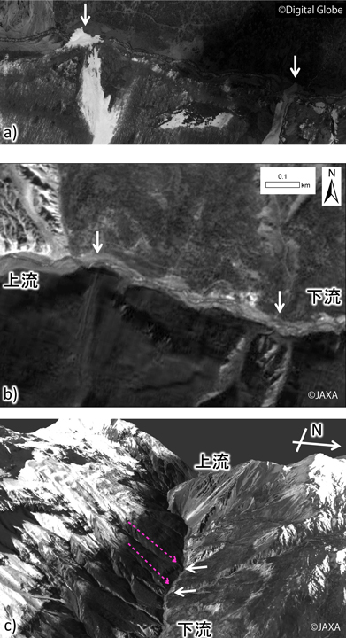 図4: 地点Cで確認された河川への崩落の様子。破線は崩落の向きを示す。