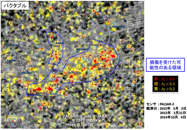 図6: コヒーレンス差解析で得られた、損傷を受けた可能性のある建物や道路を含むエリア（古都バクタプル）