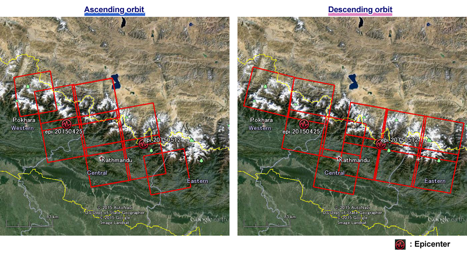 図2: ネパール雨季期間中に、だいち2号が観測を予定している場所。左：上昇軌道、右：下降軌道