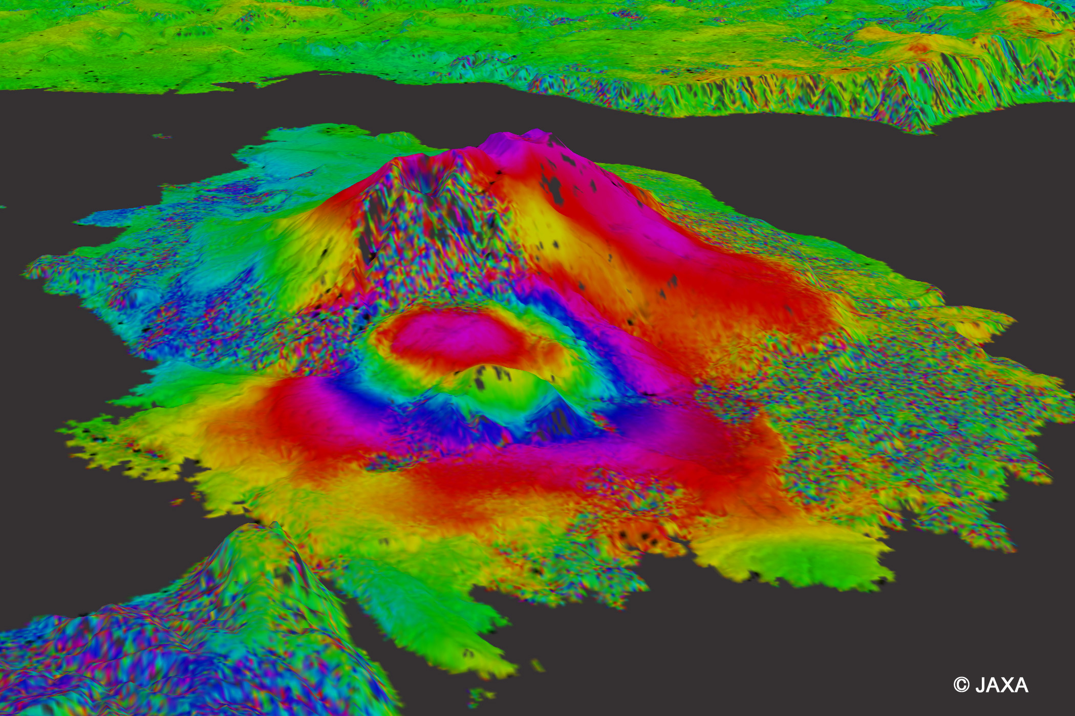 図3: PALSAR-2による鹿児島県桜島周辺の干渉画像 (前：2015年1月4日夜、後：8月16日夜) の鳥瞰図 (ALOS全球数値地表モデル30m版(AW3D30)を使用)
