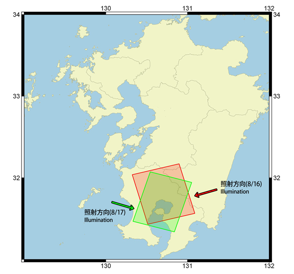 図1：PALSAR-2の観測範囲(鹿児島県桜島、赤：2015年8月16日夜、緑：8月17日昼）