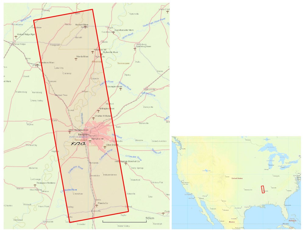図1: 2016年1月6日のPALSAR-2によるミシシッピ川流域の観測範囲