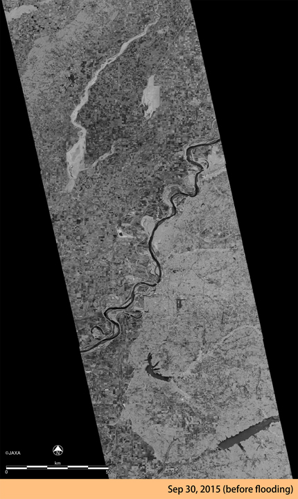ミシシッピ川周辺の洪水前のPALSAR-2観測画像 (2015年9月30日).