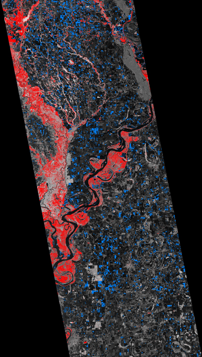 図5: 「だいち2号」搭載PALSAR-2観測画像による2016年1月11日の浸水域の推定図