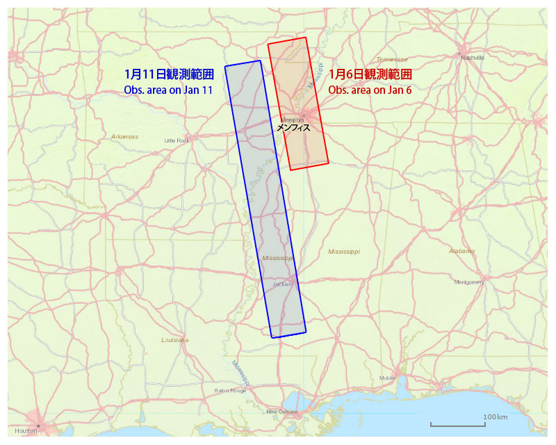 図4: 2016年1月6日 (赤枠) および1月11日 (青枠) のPALSAR-2によるミシシッピ川流域の観測範囲
