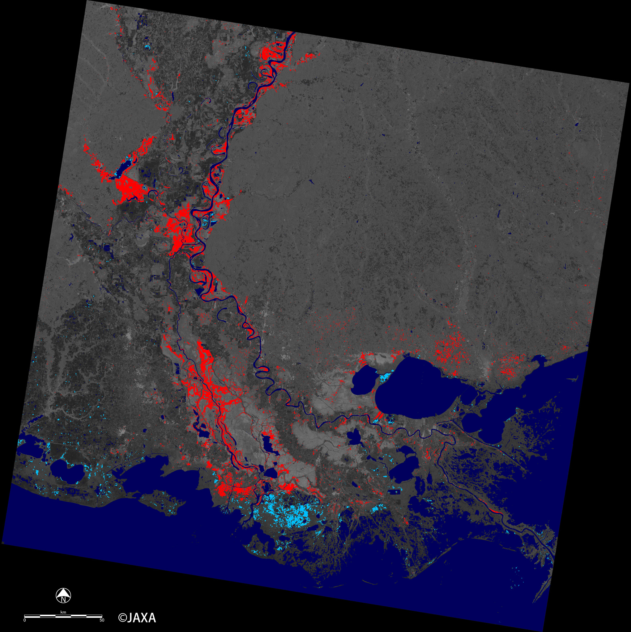 図7: 「だいち2号」搭載PALSAR-2観測画像による2016年1月16日の浸水域の推定図。赤色が森林部の浸水域、水色が水面が露出した浸水域、暗い青は平常時の水域を示す。